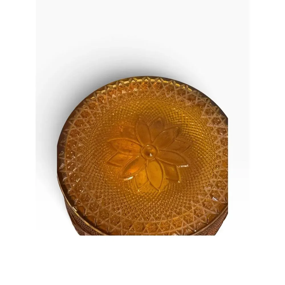 Tiara Amber Trinket Puff Dish With Lid Sandwich Glass Vintage Vanity Jewelry Jar